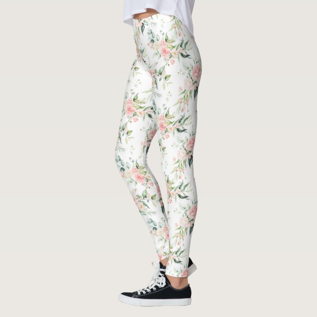 Soft Pastel Pink Rose Flower Pattern Leggings (Left)