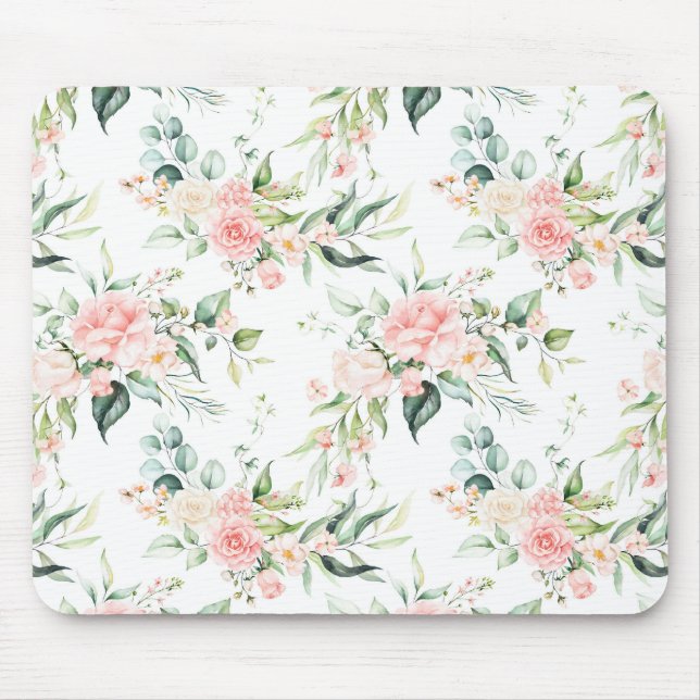 Soft Pastel Pink Rose Flower Pattern Mouse Mat (Front)