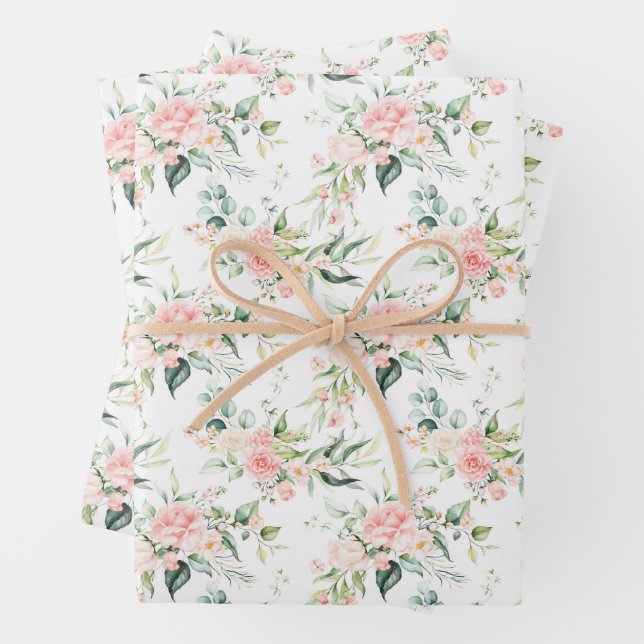 Soft Pastel Pink Rose Flower Pattern Wrapping Paper Sheet (In situ)