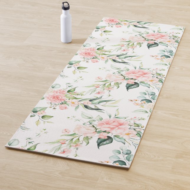 Soft Pastel Pink Rose Flower Pattern Yoga Mat (In Situ)