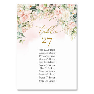 Soft pastel pink roses gold and greenery wedding table number