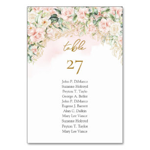 Soft pastel pink roses gold and greenery wedding table number