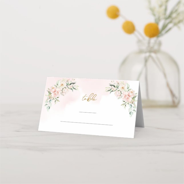 Soft pastel pink roses greenery gold place card (Front)