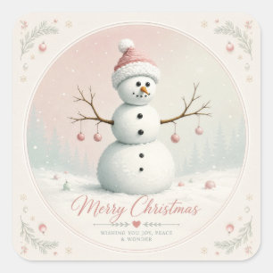 Soft Pastel Pink Snowman Winter Forest Square Sticker