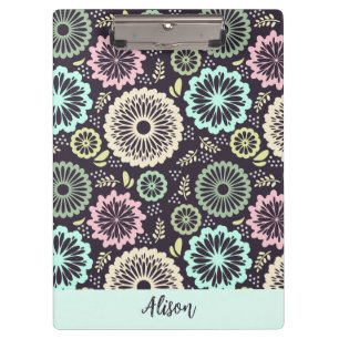 Soft pastel pink teal flower Vintage Floral Name Clipboard