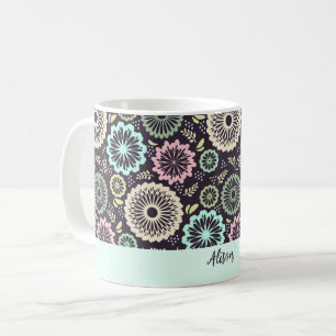 Soft pastel pink teal flower Vintage Floral Name Coffee Mug