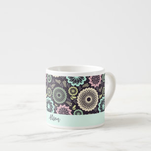 Soft pastel pink teal flower Vintage Floral Name Espresso Cup