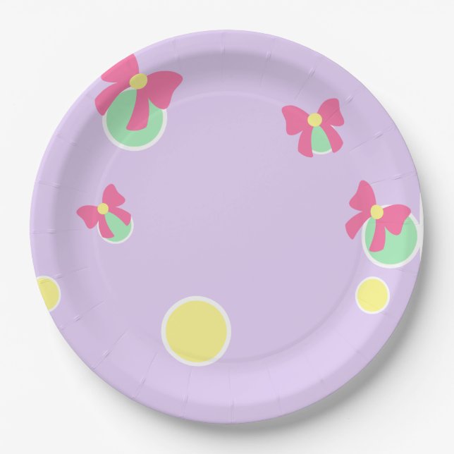 soft pastel polka dots and bows paper plate (Front)