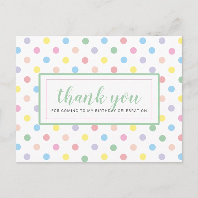 Soft Pastel Polka Dots Birthday Party Thank You Postcard (Front)
