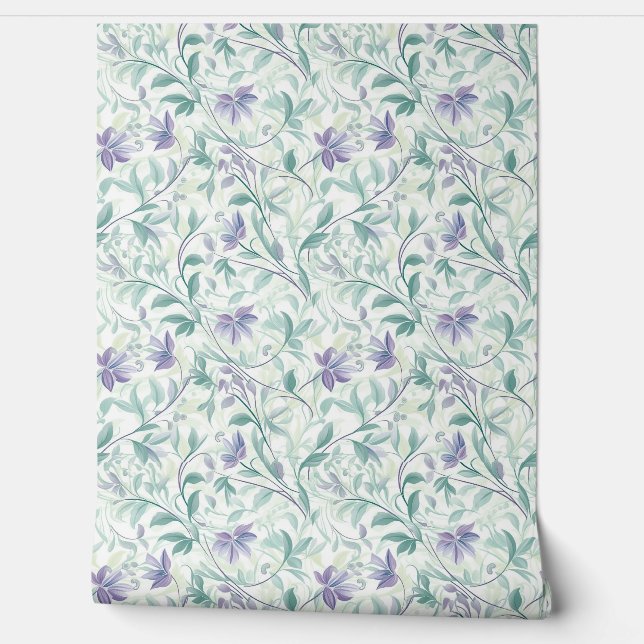 Soft pastel purple and sage green leaves chic wallpaper (Unrolling)