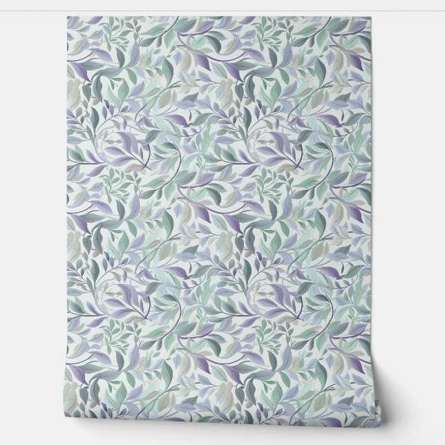 Soft pastel purple and sage green leaves chic wallpaper (Unrolling)