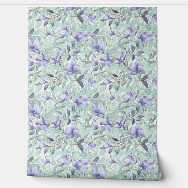 Soft pastel purple flowers and sage green leaves wallpaper (Unrolling)