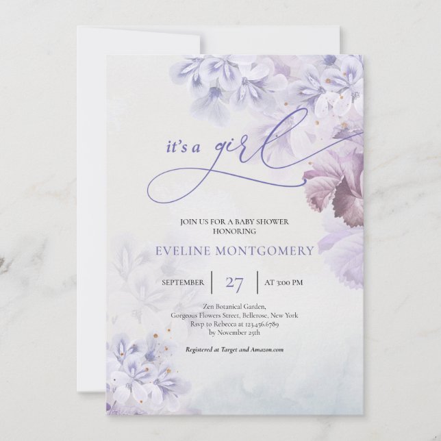 Soft pastel purple flowers dusty blue It's a Girl  Invitation (Front)