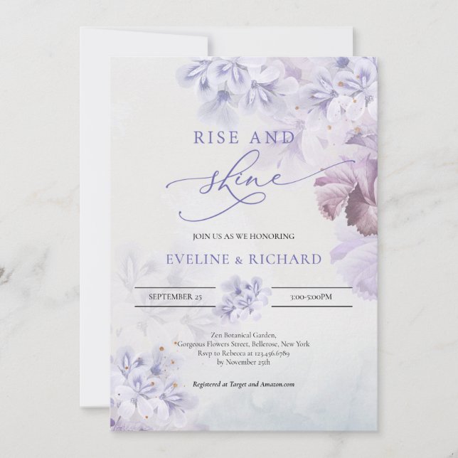 Soft pastel purple lilac dusty pink rise and shine invitation (Front)