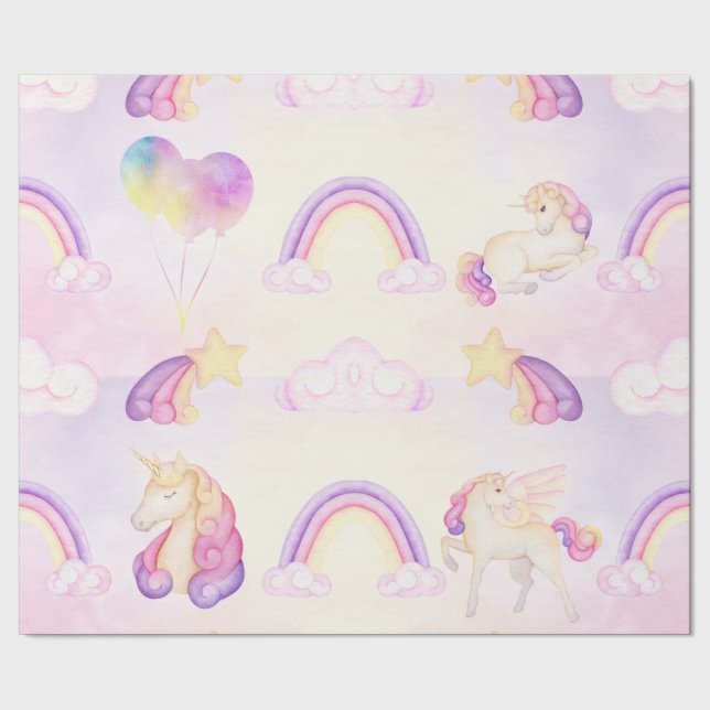 Soft Pastel Rainbows Unicorns Clouds And Stars Wrapping Paper (Seam)