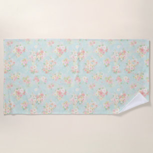 Soft Pastel Rose Pattern on Aqua Background Beach Towel