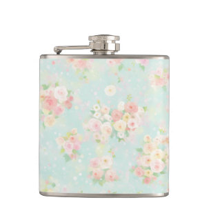 Soft Pastel Rose Pattern on Aqua Background Hip Flask