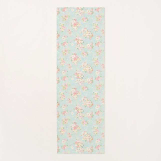 Soft Pastel Rose Pattern on Aqua Background Yoga Mat (Front)