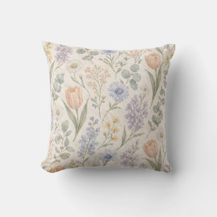 Soft Pastel Spring Meadow Watercolor Tulips Lilacs Cushion