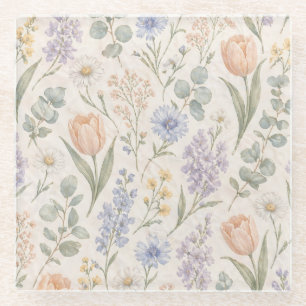 Soft Pastel Spring Meadow Watercolor Tulips Lilacs Glass Coaster