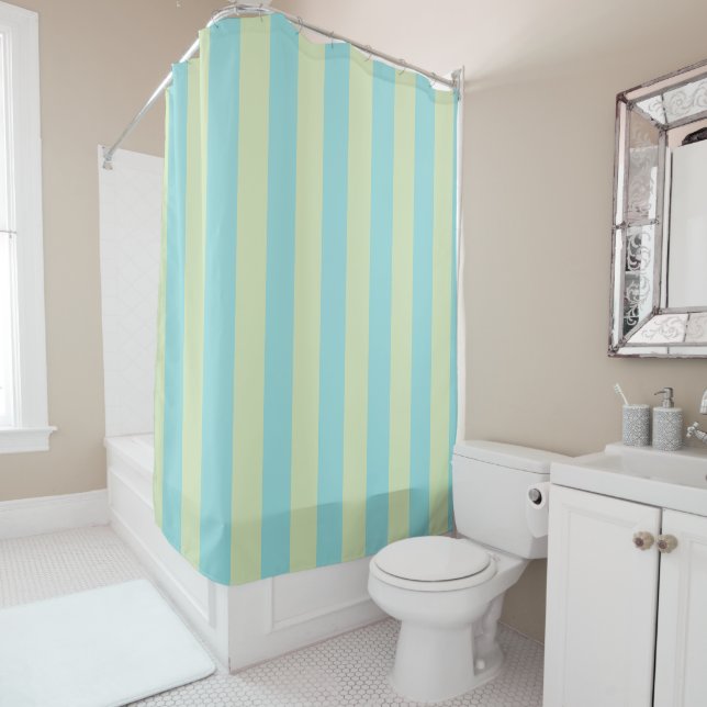 Soft Pastel Striped Pattern – Lime Cream & Limpet  Shower Curtain (In Situ)