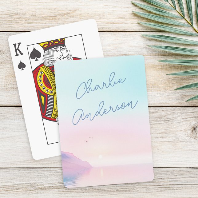 Soft pastel sunrise with birds script name playing cards (Soft pastel sunrise with birds script name poker cards)