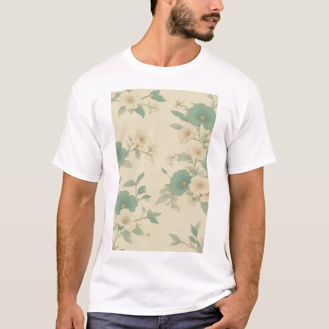 Soft Pastel Teal and Cream Floral Pattern T-Shirt (Front)