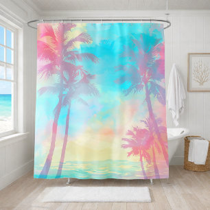 Soft Pastel Tropical Palm Trees Teal Pink Coastal Shower Curtain