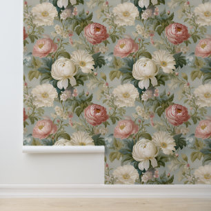 Soft Pastel Victorian Vintage Floral Peony Large Wallpaper