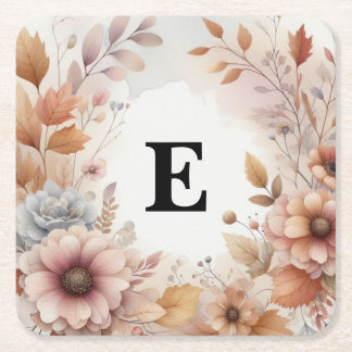 Soft Pastel Watercolor Fall Leaves Floral Frame Square Paper Coaster