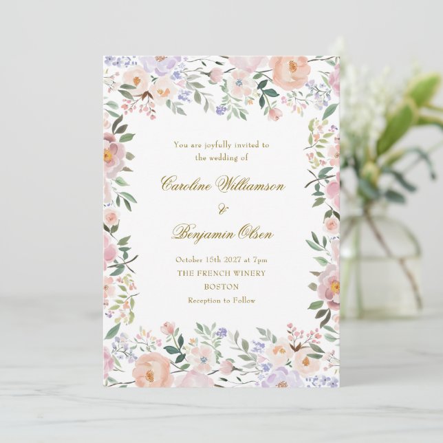 Soft Pastel Watercolor Floral Garden Wedding Invitation (Standing Front)