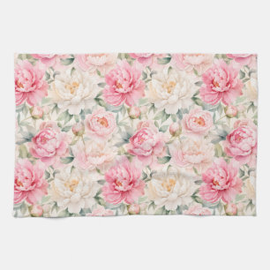 Soft Pastel Watercolor Peony Blossoms Tea Towel