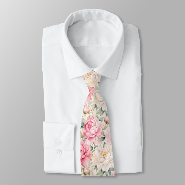 Soft Pastel Watercolor Peony Blossoms Tie (Tied)