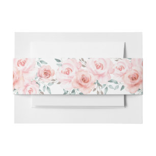 Soft Pastel Watercolor Pink Roses + Greenery Invitation Belly Band