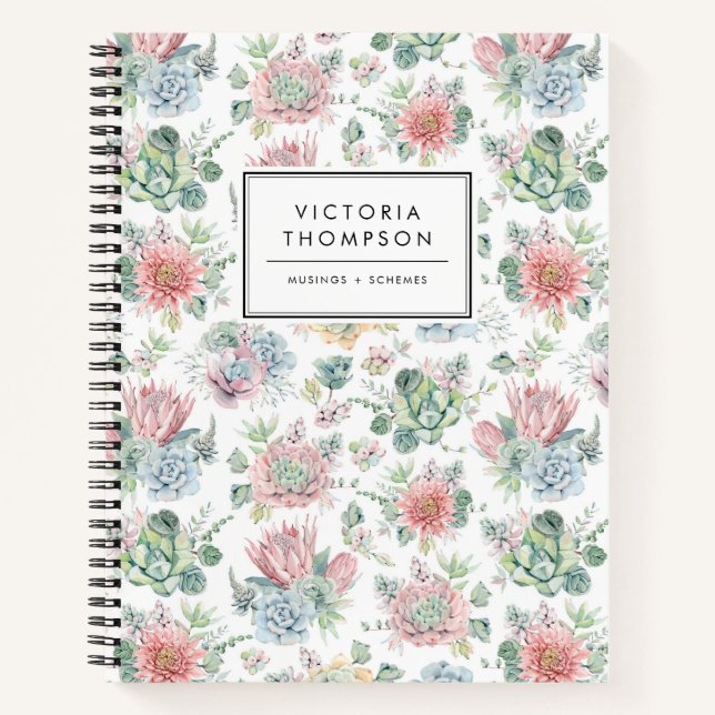 Soft Pastel Watercolor Succulents Pattern Notebook (Front)