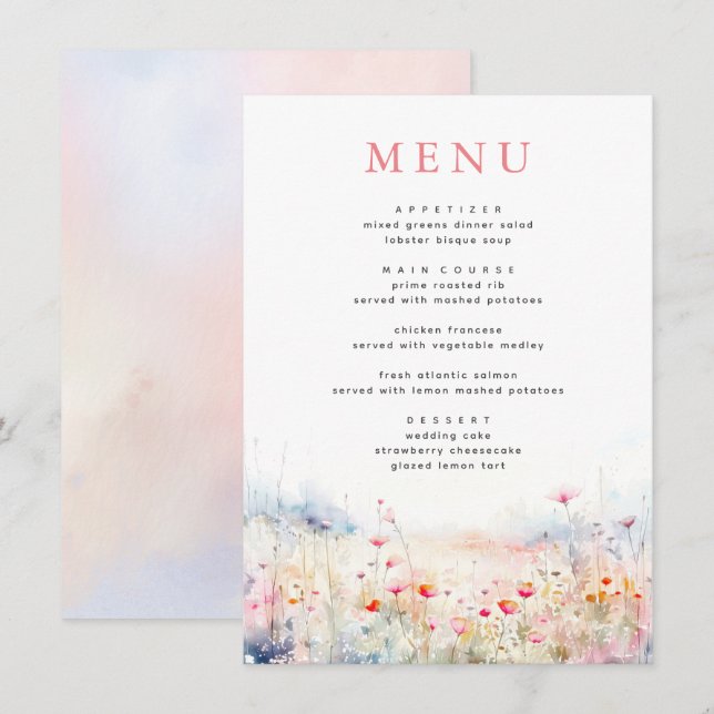 Soft Pastel Wildflowers Wedding Menu (Front/Back)