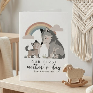 Soft Pastel Wolf Mom Pup First Mothers Day Rainbow Card