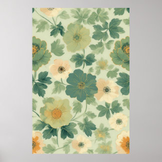 Soft Pastel Yellow and Green Floral Pattern Poster