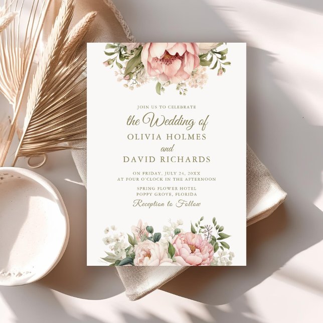 Soft Peach and Blush Pink Floral Wedding Invitation (Soft Peach and Blush Pink Floral Wedding Invitation on a boho wedding table.)