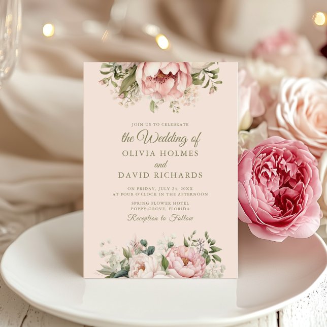 Soft Peach and Blush Pink Floral Wedding Invitation (Soft Peach and Blush Pink Floral Wedding Invitation on an elegant wedding table with peonies)