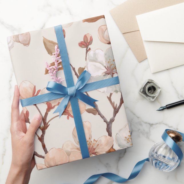 Soft Peach Blossom Ivory Floral Pattern Wrapping Paper (Gifting)