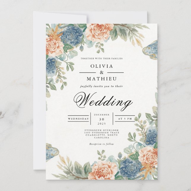 Soft Peach Blue Floral Arch Wedding Invitation (Front)