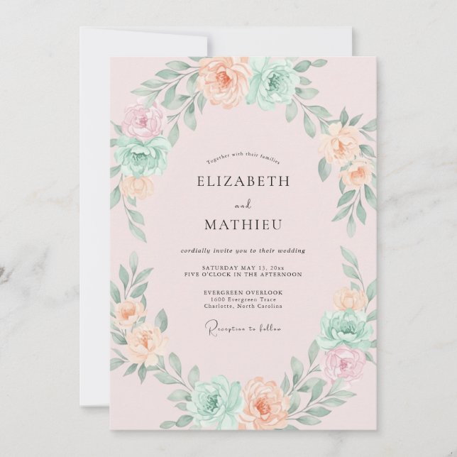 Soft Peach Botanical Watercolor Wedding Invitation (Front)