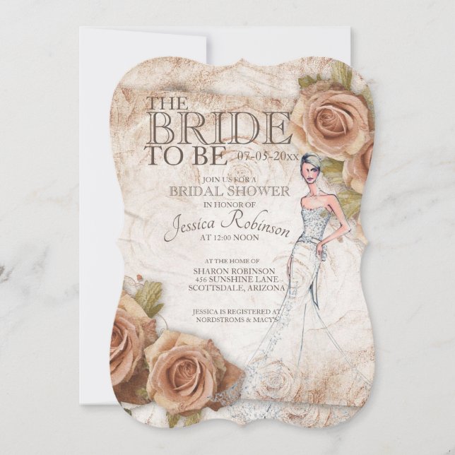 Soft Peach Coloured Roses Bridal Shower Invitation (Front)