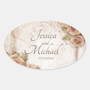 Soft Peach Coloured Roses Wedding Oval Sticker