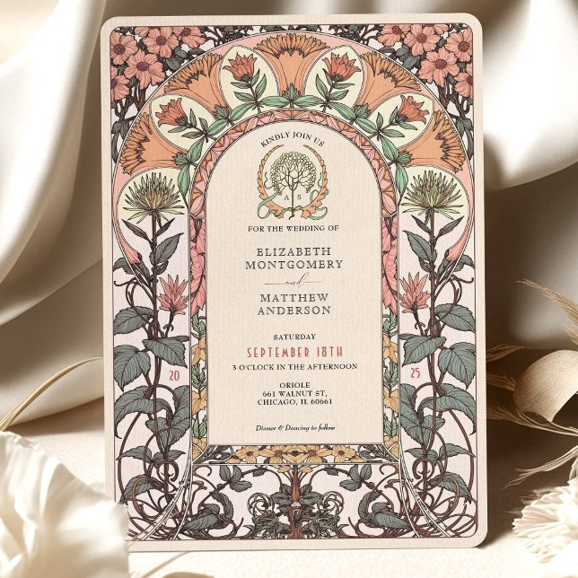 Soft Peach & Coral Florals Art Nouveau Wedding Invitation (Creator Uploaded)
