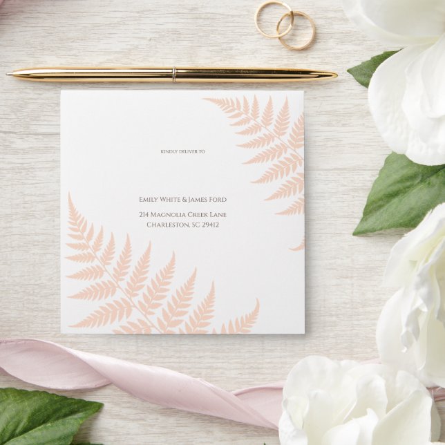 Soft Peach Fern Addressed Square Wedding Envelope (Wedding)