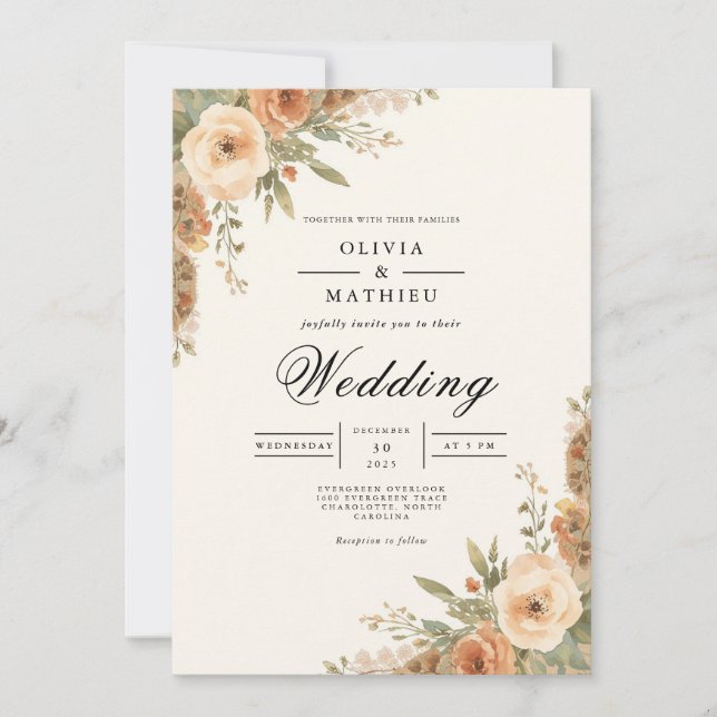 Soft Peach Floral Accent Wedding Invitation (Front)