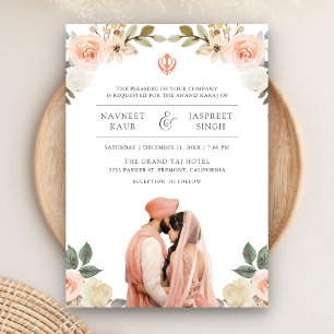 Soft Peach Floral Anand Karaj Indian Sikh Wedding Invitation