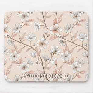 Soft Peach Floral Branch with White Blooms Mouse Mat